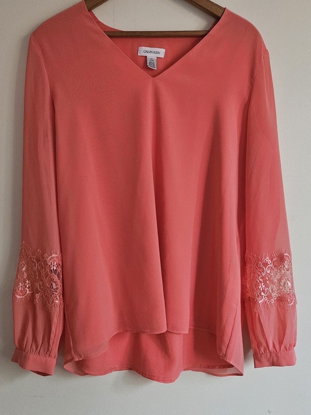 Calvin Klein Coral V-Neck Lace-Sleeve Blouse